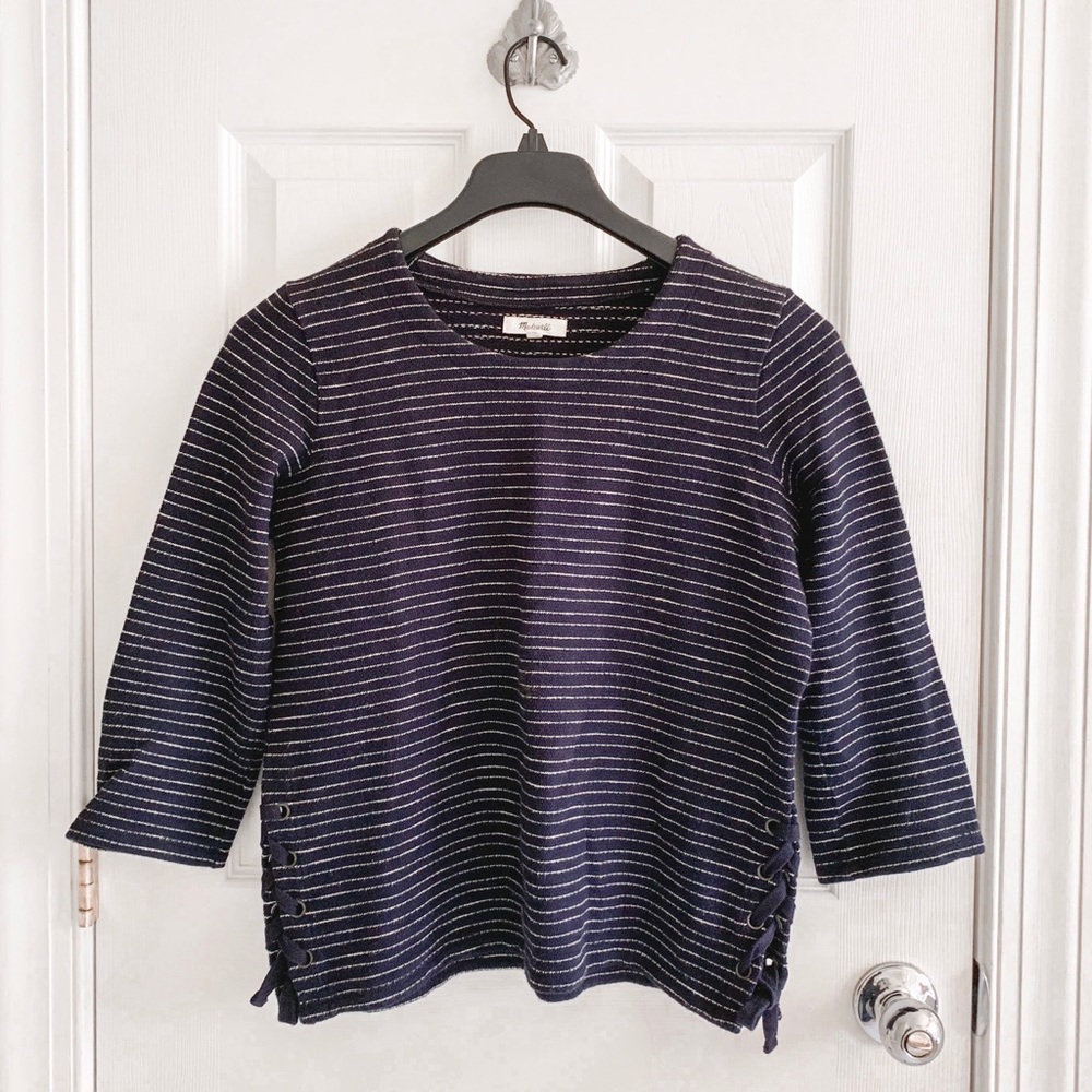 Madewell Stripe Textured Side Lace Up Sweater